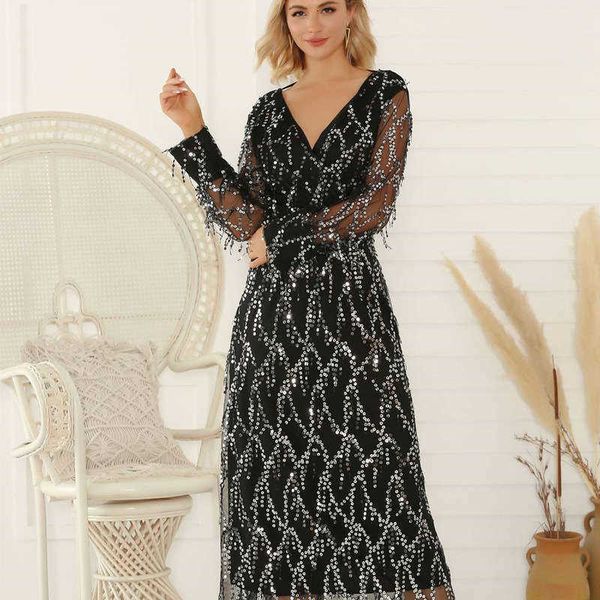 

dresses v-neck casual fringed sequin dress autumn winter, Black;gray