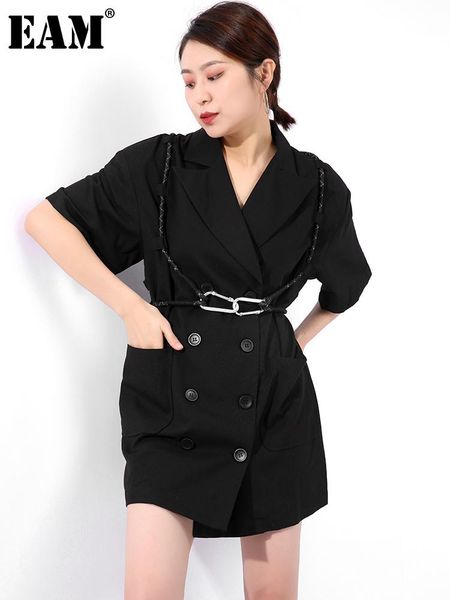 

women's suits & blazers [eam] women black buckle double breasted big size blazer lapel half sleeve loose jacket fashion spring summer 2, White;black