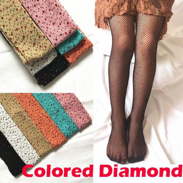 

footies kids girls fishnet stockings colored diamonds mesh pantyhose fashion children girl rhinestone hollow out tights 7-10y, Blue