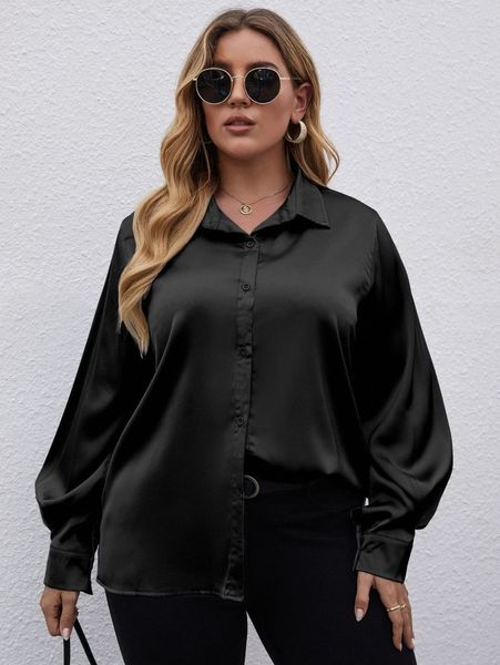 

plus solid bishop sleeve collared button up blouse s50s#, Black