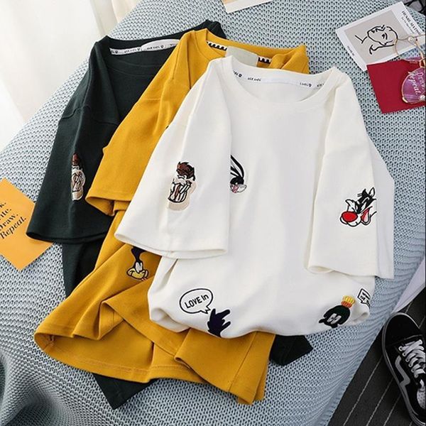 

plus size women's summer t-shirts 2021 new o-neck short sleeve cute cartoon t-shirt for girls students lady bf style tees, White