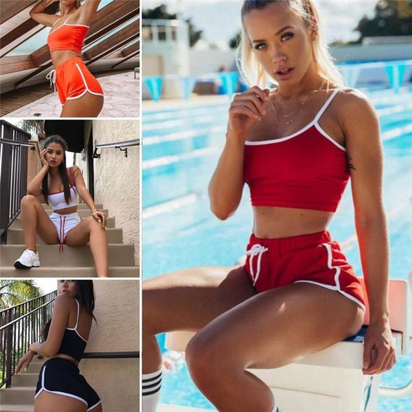 

yoga outfit 2pcs halter neck side striped black sets women crop shorts set gym running sportwear suit fitness sport workout