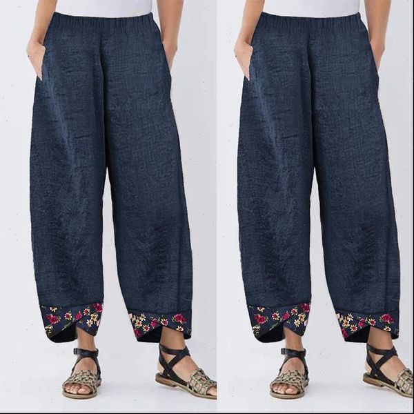 

women casual harem pants autumn elastic waist wide leg pants vintage floral printed trousers female loose pantalon plus size, Black;white