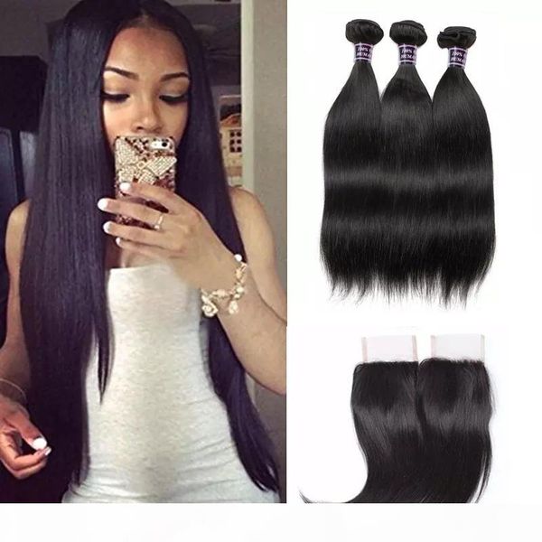 

8a brazilian virgin hair extensions straight with 4x4 lace closure peruvian human hair bundles with closure wefts wholesale 3 4bundles, Black