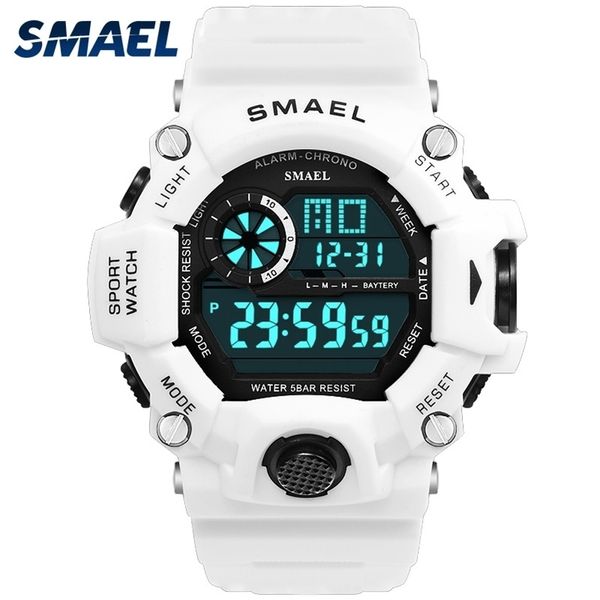 Relógios masculinos Digital Watch branco SMAEL Sport Watch 50M à prova d'água Auto Date relogio masculino Relógios militares digitais masculinos Sport 210310