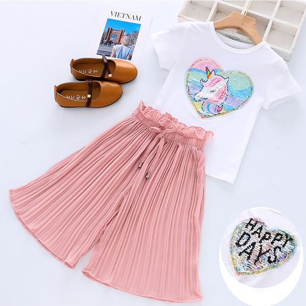 

2021 summer new children's clothes for girls sequin cartoon unicorn t-shirt chiffon+cotton wide leg pants casual lovely 2pcs/set njcf, White