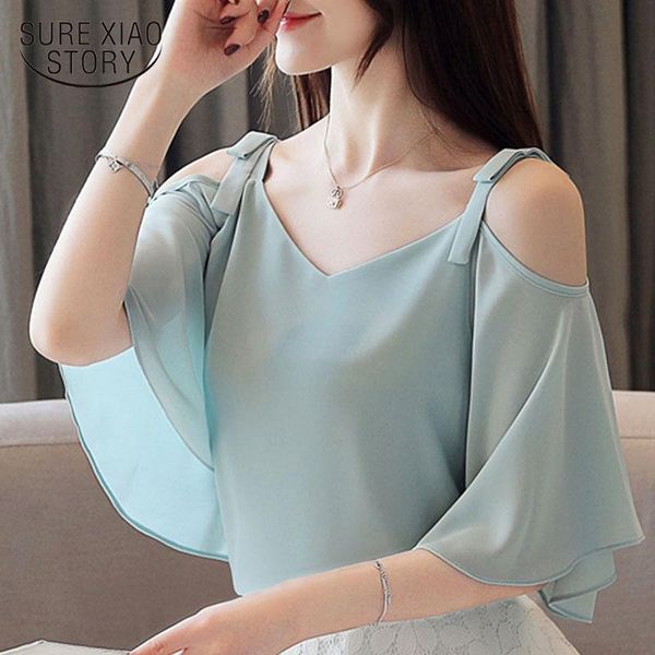 

blusas mujer de moda 2021 ladies blouse for women off shoulder blouse women white chiffon shirts short 4386 50