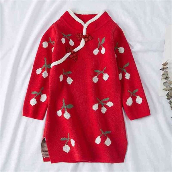 Vestido outono inverno tricotado camisola cheongsam botons chinês estilo vermelho filhos es menina vestuário 210528