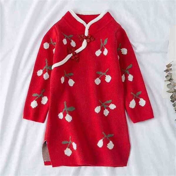

dress autumn winter knitted sweater cheongsam buttons chinese style red children es girl clothing 210528, Red;yellow