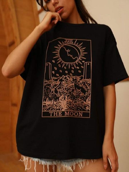 

the moon tarot card woman t shirts goth harajuku short sleeve cotton graphic tee grunge tumblr gothic t shirt clothe, White
