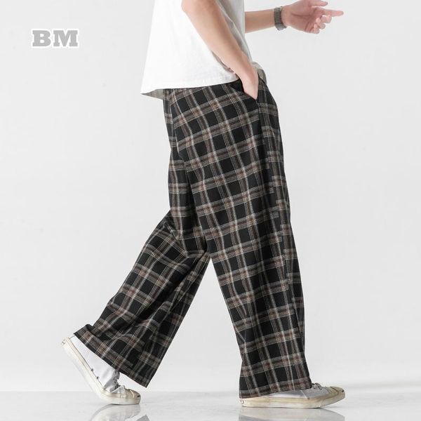 

men's pants spring summer loose plus size wide leg plaid chinese style tai chi straight casual trousers harajuku thin clothes, Black