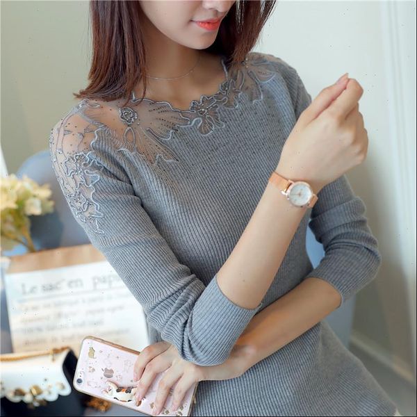

women pullovers 2021 cashmere lace pullover sweaters fashion patchwork hollow out ruffled collar knitted pull femme, White;black
