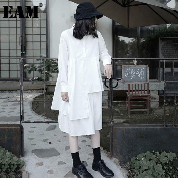 

casual dresses [eam] women white irregular big size pleated dress lapel long sleeve loose fit fashion tide spring summer 2021 1w314, Black;gray