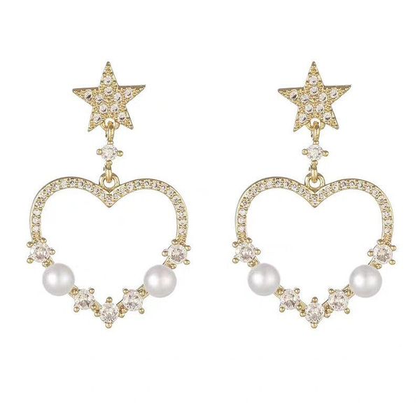 

s925 silver needle micro inlaid zircon full diamond five-pointed star love exquisite pearl temperament lovely earrings
