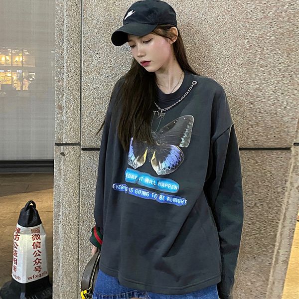 

2021 new college style butterfly print loose sweatshirt women autumn oversize capless pullover vxof, Black