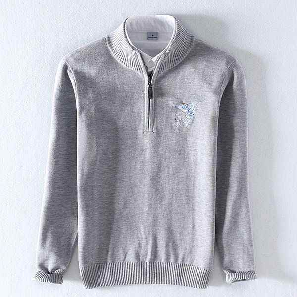 

2021 new chinese style embroidery brand casual for men stand collar cotton sweater mens fashion slim sweaters t9kd, White;black
