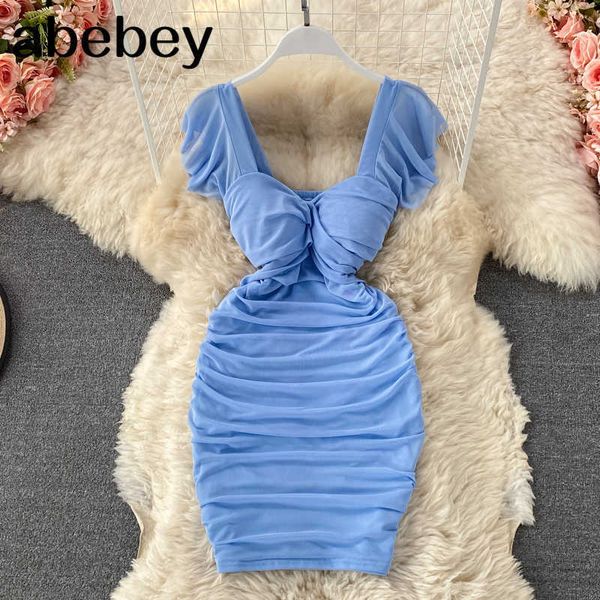 

women ruched korean dress fashion v neck bodycon slim dresses summer solid streetwear short sundress 210715, Black;gray