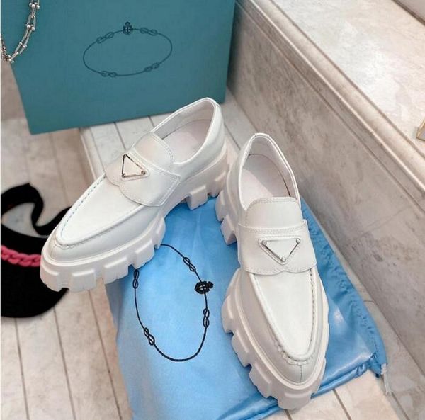 

[original box]casual monolith women's loafers shoes chunky sole platform sneakers white black triangle logo brushed leather pointed rou