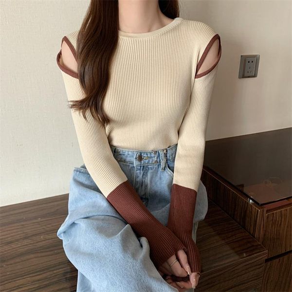 

women's sweaters office lady elegant off shoulder long sleeve pullovers o-neck contrast color slim jumpers 2021 korean fall chic basic, White;black