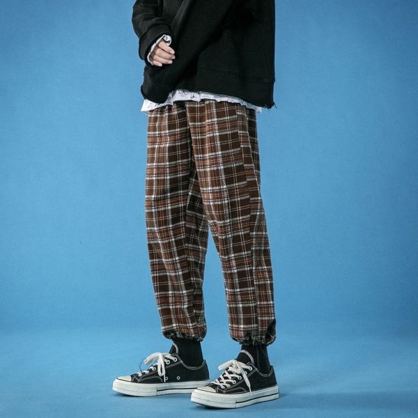 

2021 winter thick woolen men's fashion retro casual plaid pants men streetwear drawstring straight trousers mens m-5xl atfb, Black