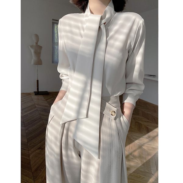 

popular solid colour shirt for women new ribbon retro chiffon blouse casual long sleeve blusas summer all-match straight top, White