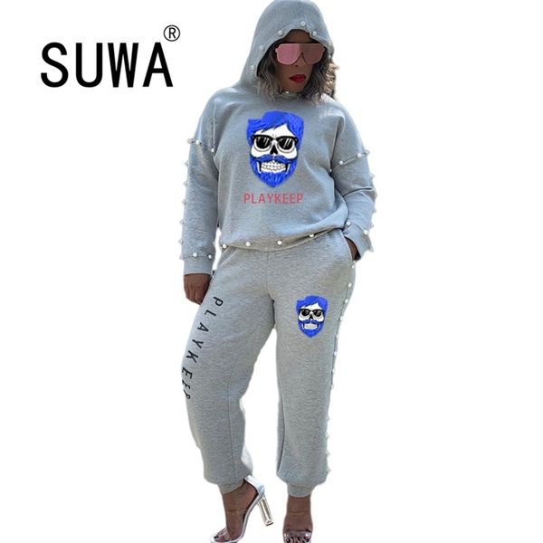 

trendy chic cartoon face casual jogger suit for women two piece matching sets long sleeve loose pullover baggy pants 210525, White