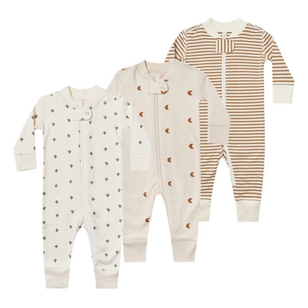 Impressão de manga comprida de algodão Zip Up Onesies Moon Cactus Stripe Bebê Romper Pijama Infantil Dormir e Jogar Jumpsuit 3-24 Meses