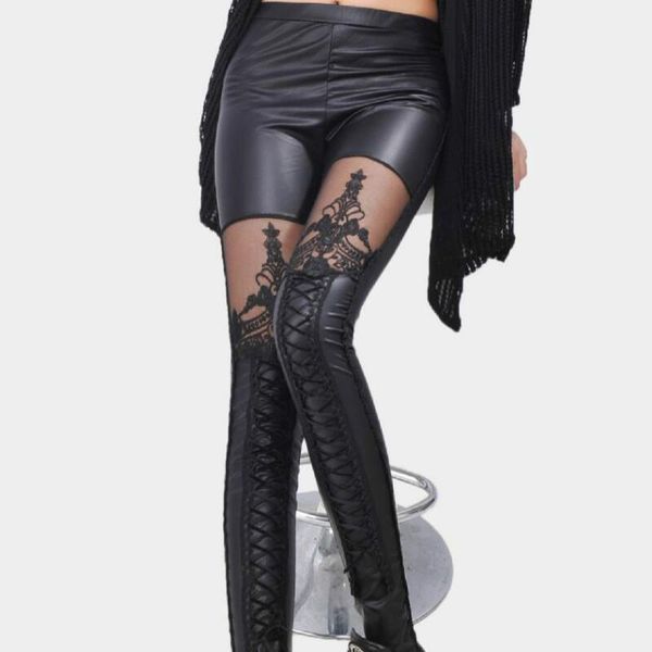 

women's leggings black legins punk gothic fashion women pu leather stitching embroidery hollow lace
