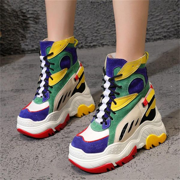 

boots 2021 punk creepers women lace up genuine leather wedges high heel ankle female chunky platform fashion sneakers, Black