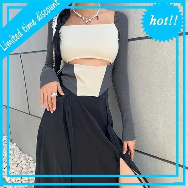 

2021ins style autumn and winter new women's wear color contrast slim fashion hollow out square collar long sleeve t-shirt, White