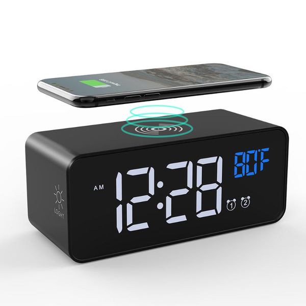 

portable speakers phone wireless charger desk with led alarm clock 5-level light adjust thermometer date 12/24h switch bedside clocks