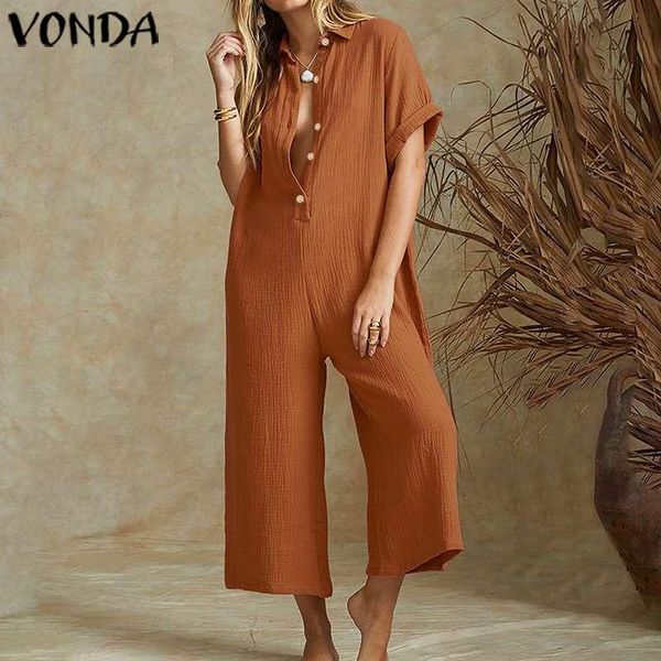 

women's jumpsuits & rompers vonda 2021 women summer elegant casual short sleeve playsuits plus size office ladies solid overalls, Black;white