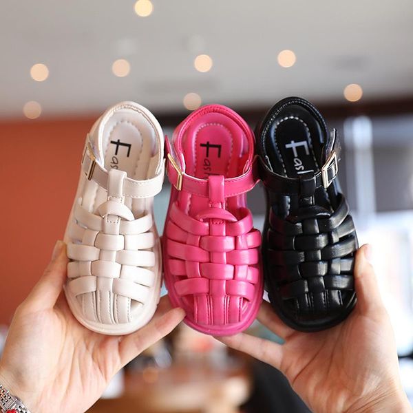 

sandals children woven for girls boys fashion breathable buckle sandalias 2021 summer soft sole beach shoes kids, Black;red