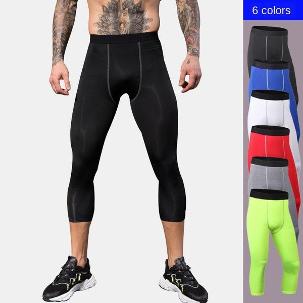 

running pants men's tight-fitting pro cropped sports fitness shorts selling quick-drying 7-pants 1050, Black;blue