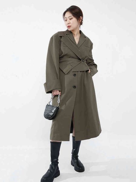

women's trench coats [eam] women green irregular long button lapel sleeve loose fit windbreaker fashion spring autumn 2022 1dd024206 ba, Tan;black