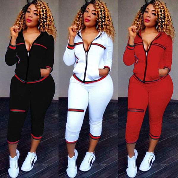 

women's two piece pants 2021 autumn sportswear 2pcs hooded long sleeve zip crop trousers loose casual clothes set, White