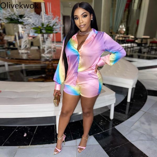 

women's tracksuits olivekwok summer women sets rainbow gradient blouses and short matching set fashion printing leisure two-piece suit, Gray