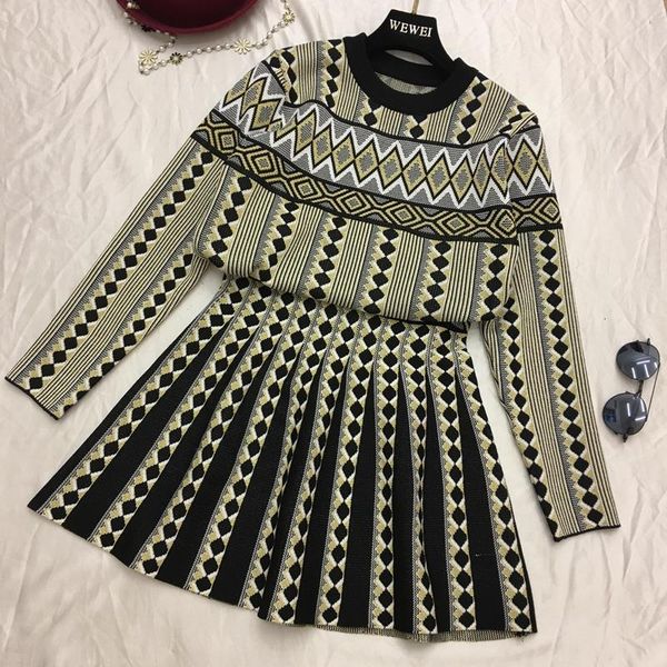 

women vintage knit sweater skirts sets geometric printed female woman knitting clothing suits, Gray