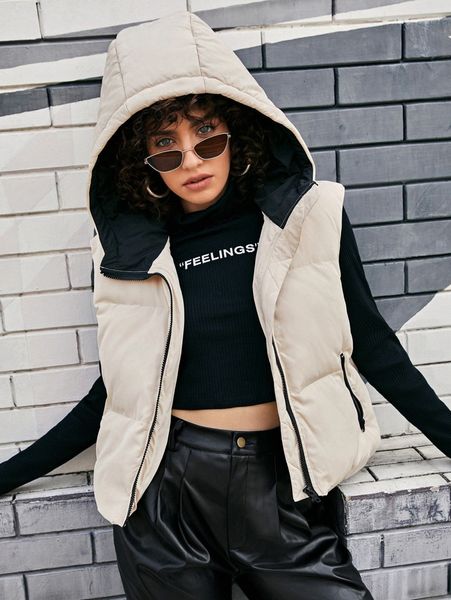 

zipper hooded vest puffer coat j8zz#, Black