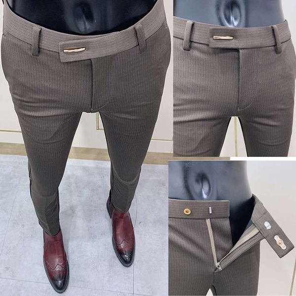 

new moda listrado terno pant 2021 homens elegante fino apertado-tornozelo calas negcios festa de escritrio magro ajuste vestido yl58, Black