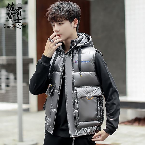 

new bright waistcoat men's autumn and winter warm shoulder work jacket down cotton vest thickened coat, Black;white