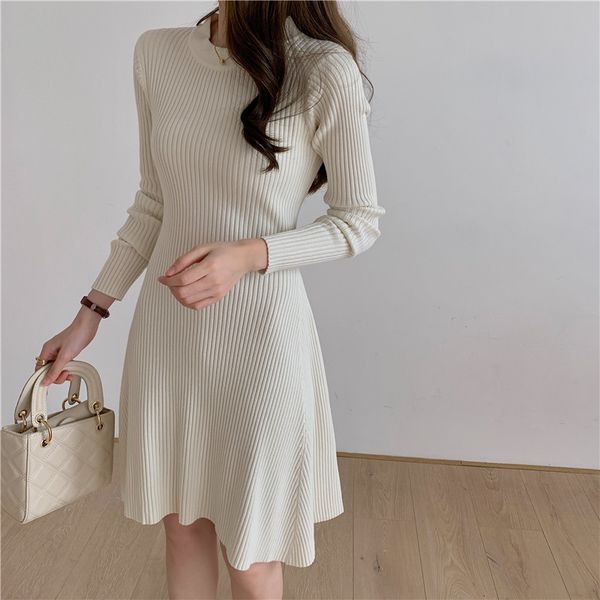 

2021 new autumn winter sweater women a-line solid high waist knitted vestidos elegant mini es uo3y, Black;gray