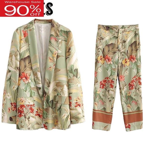 

two piece dress 2021 summer suit leisure kimono blazer jacket high waist straight pants set floral printing vacation clothes women, White