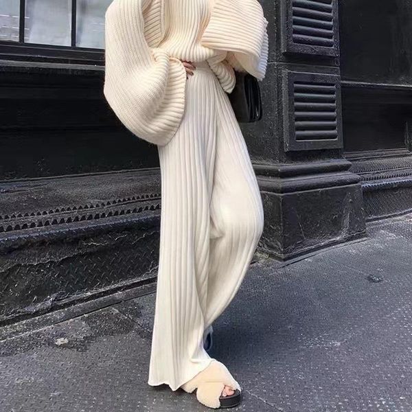 

women's pants & capris winter warm wool blend wide-legged rib knitted for women beige casual loose knit trousers, Black;white