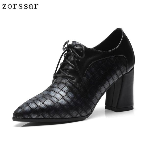 

zorssar 2021 new arrival women pumps shoes cow leather shallow lace-up pointed toe high heels wedding party derss shoes, Black