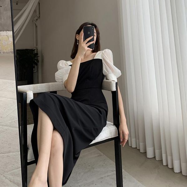 

casual dresses hepburn style black square collar dress women's 2021 summer bubble sleeve temperament french medium length, Black;gray