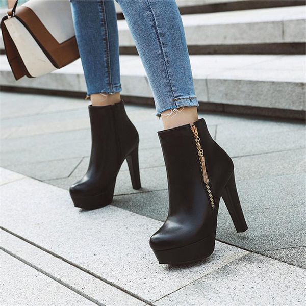 

boots 2021 women ankle platform high heels zipper round toe winter ladies buckle woman shoes botas mujer size 34-43, Black