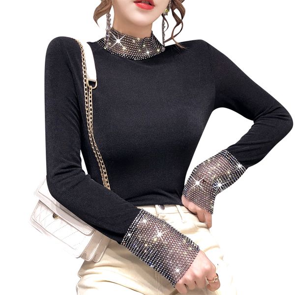 

women stand neck diamonds slim fit tshirt long sleeve t-shirt blusa spring winter new black bottoming shirt 210305, White