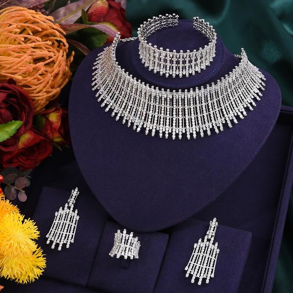 

earrings & necklace godki luxury ribbon bowknots african jewelry sets for women wedding cubic zirconia dubai bridal set 2021 party gift, Silver