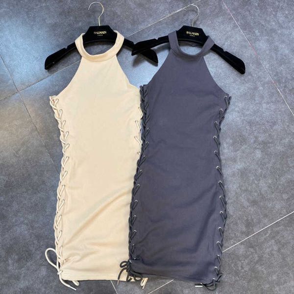 

fabpop design sleeveless o neck knitted bandage drawstring high waist stretch short mini slim bodycon dress women gb386 210709, Black;gray